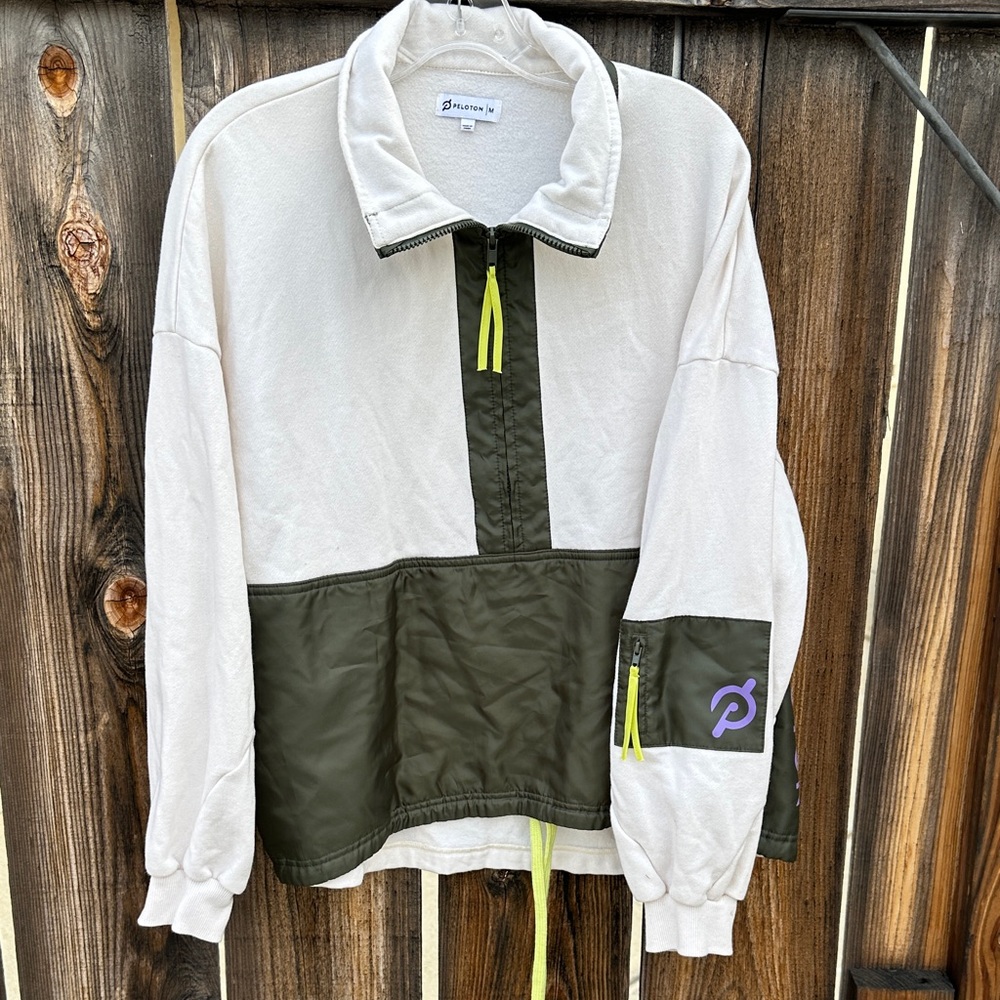 Peloton Olive and White Sweatshirt with Neon Highlights